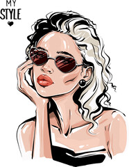 Beautiful fashion woman in sunglasses. Stylish girl. Vector illustration.