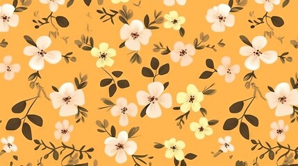  a yellow background with white and brown flowers and leaves on it.  generative ai