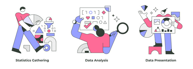 Business concepts of data analysis include scenes of statistics gathering, organizing, analyzing and interpreting data, and communicating analyzed date in clear way