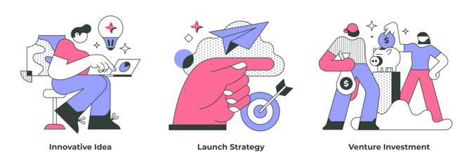 Business concepts of startup company include finding an innovative idea, launching a new strategy, and raising funds through venture investments