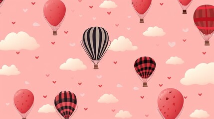  a pattern of hot air balloons in the sky with hearts.  generative ai