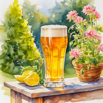 Tall glass of light beer standing on table in garden.