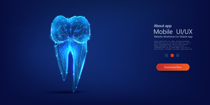 Digital Dental Concept: Abstract Glowing Molar Tooth with Network Connections on Deep Blue Background. Healthy tooth low poly landing page template. Vector illustration