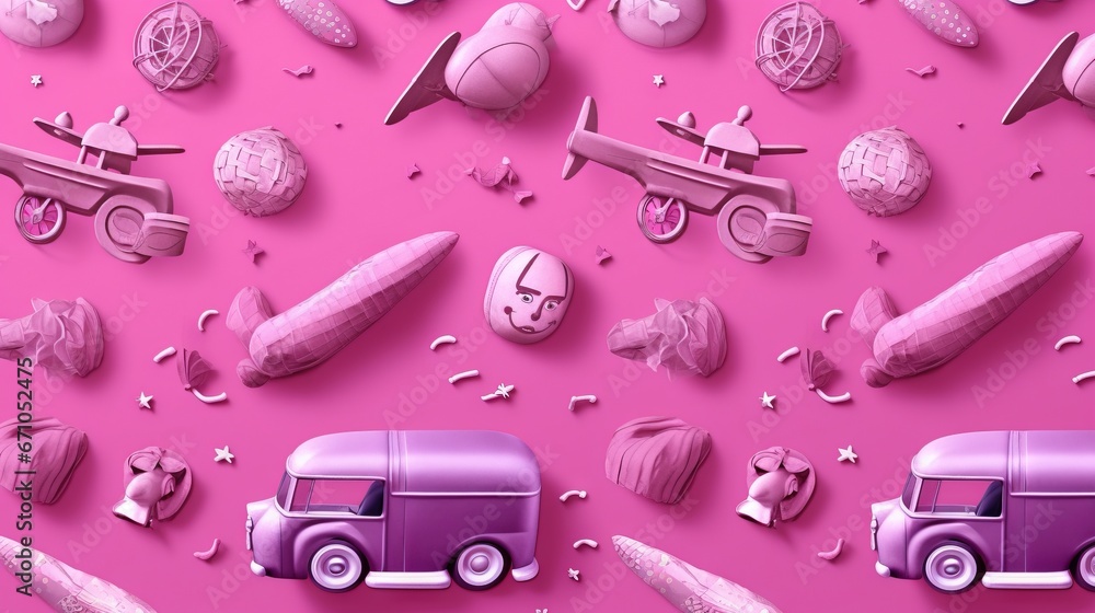 Poster a pink and purple background with a bunch of objects on it. generative ai