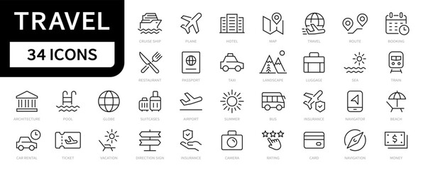 Fototapeta na wymiar Travel line icons set. travel symbols. summer, vacation, hotel, cruise, holiday icon. Vector