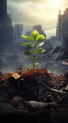 A new hope concept. New plants grow in the middle of a destroyed city. 