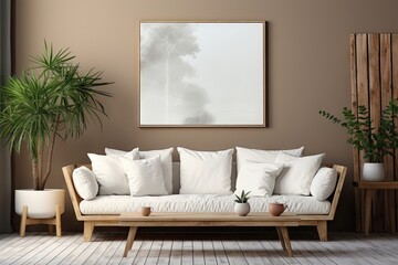 Empty poster wood frame mockup in living room interior with window light shade