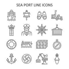 Sea port line icon set. Shipping industry collection with ship, captain, container, bell, anchor, crane, reach stacker, compass. Vector illustration.