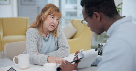 Fototapeta premium Talking, results and woman with black man or doctor for healthcare, insurance or checklist. Wellness, consulting and a senior patient speaking to an African clinic worker with a document for surgery