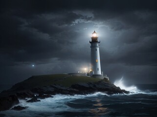 A majestic lighthouse stands tall against the dark night sky, its beacon guiding ships through the rough waves of the sea