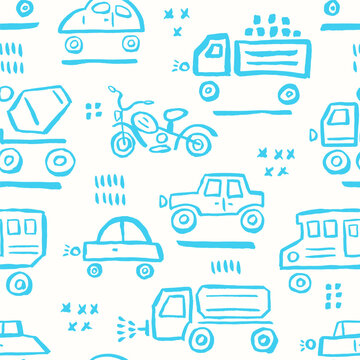 Cars seamless pattern. Child vector illustration of road traffic. Decor for kid fabric and paper.