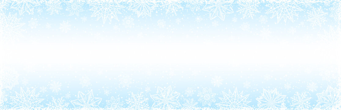 White Christmas banner with snowflakes and stars. Merry Christmas and Happy New Year greeting banner. Horizontal new year background, headers, posters, cards, website. Vector illustration