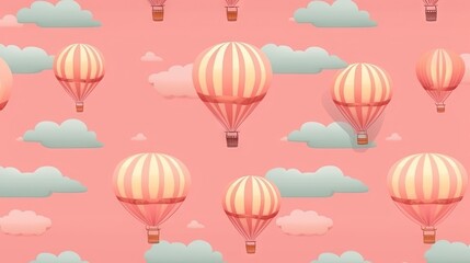  a pattern of hot air balloons in the sky with clouds.  generative ai