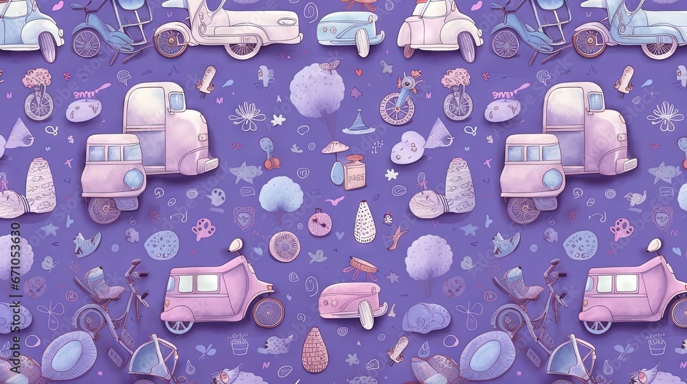 Poster a purple background with a lot of different things on it. generative ai