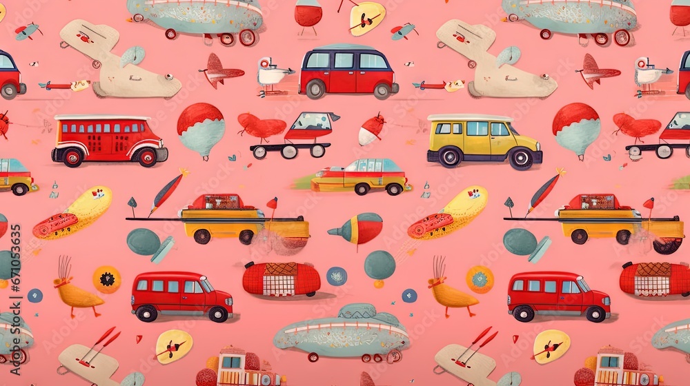 Poster a pink background with a lot of different types of vehicles. generative ai