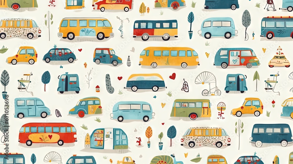 Poster a pattern of different colored vehicles on a white background with trees. generative ai