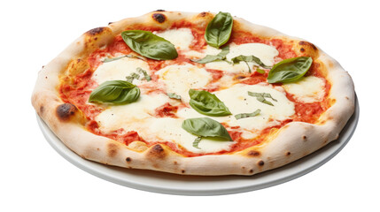 Classic Pizza Margarita on plate with mozzarella cheese, basil and tomato, template for your design and menu of restaurant, isolated white background.