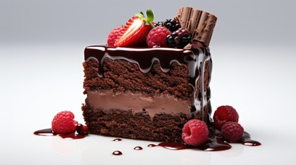 A slice of chocolate cake with berries and sauce on top on a white background