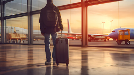 Business traveler walking with luggage. Suitcases at the airport.  Travel concept.. - Powered by Adobe