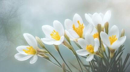  a bunch of white flowers with yellow centers on a blurry background.  generative ai