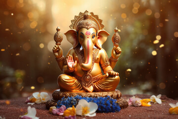 Hindu Lord Ganesha with blurry beautiful and colorful decorative background, Ganesha Ganpati statue, Ganesha festival, Hindu lord concept.