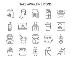 Take away food and drink line icon set. Fast food package. Delivery service vector collection with bottle, coffee cup, bag, pizza, packet, container.