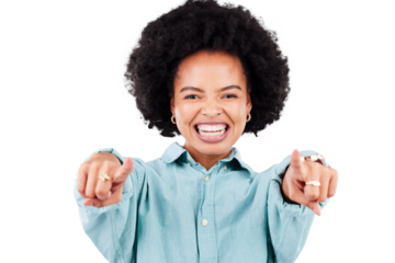 Portrait, black woman and pointing to you for decision, choice and direction isolated on a transparent png background. African person, face and hand gesture for selection of winner, deal and smile.