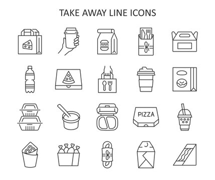 Take away food and drink line icon set. Fast food package. Delivery service vector collection with bottle, coffee cup, bag, pizza, packet, container.