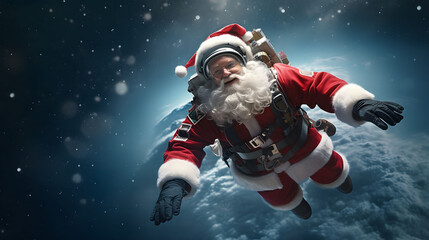 Santa Claus as an astronaut flying through space
