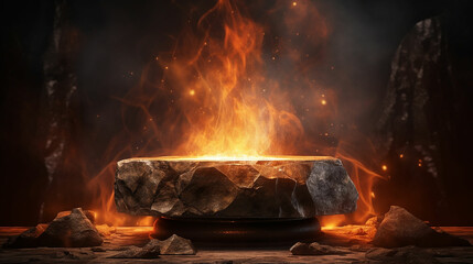 Pedestal stone podium in Fire with fire spark on drak background. made with generative ai - obrazy, fototapety, plakaty