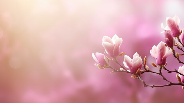  a branch with pink flowers on a pink background with blurry lights.  generative ai