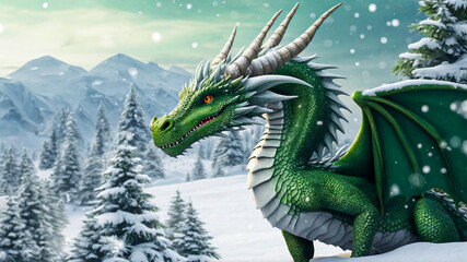 Fototapeta premium A dragon against the backdrop of a snowy forest. Green Christmas dragon in the woods, generated AI.
