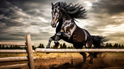 Beautiful bay stallion jumping over a wooden fence. 
Black horse  jumping over obstacle in equestrian sports arena. - obrazy, fototapety, plakaty