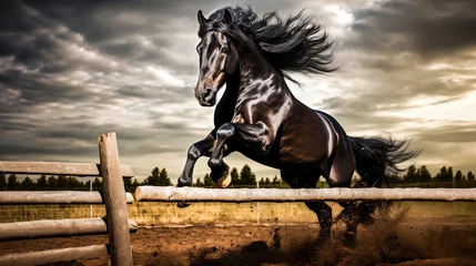 Foto op Plexiglas anti-reflex Beautiful bay stallion jumping over a wooden fence.  Black horse  jumping over obstacle in equestrian sports arena. © korkut82