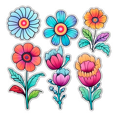 set of cartoon cute flowers sticker watercolor