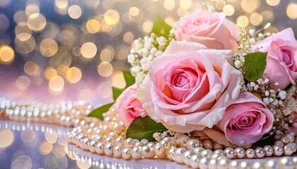 Bouquet of pink roses with pearls on a table