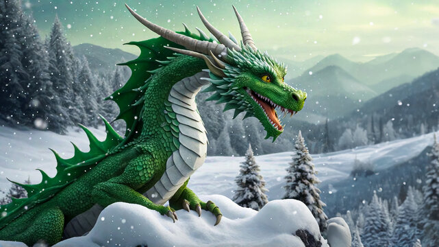 A dragon against a snowy landscape in the forest. Green Christmas dragon in the woods, generated AI.