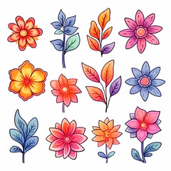 set of cartoon cute flowers sticker watercolor