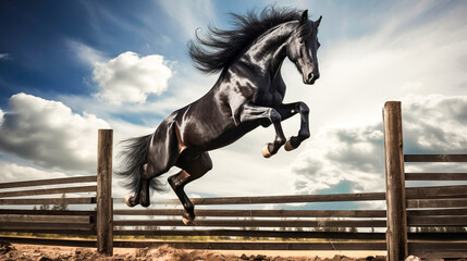 Beautiful bay stallion jumping over a wooden fence. 
Black horse  jumping over obstacle in equestrian sports arena. - obrazy, fototapety, plakaty