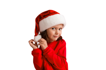 Happy smiling christmas girl child in a red hat and a red sweater. PNG isolated on transparent background