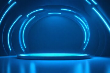 Abstract realistic 3d blue cylinder pedestal podium with Sci-fi dark blue abstract room with semi circle glowing neon lighting scene. Vector rendering product display presentation. Futuristic scene