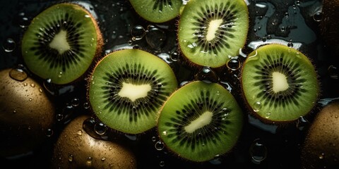 Overhead Shot of fresh  Kiwis with visible Water Drops. Close up Kiwis  background.