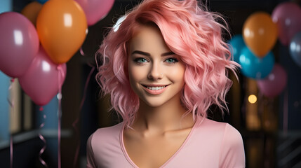 Obraz na płótnie Canvas Beautiful young woman with pink hair and balloons on her birthday party