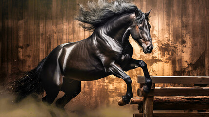 Beautiful bay stallion jumping over a wooden fence. 
Black horse  jumping over obstacle in equestrian sports arena.