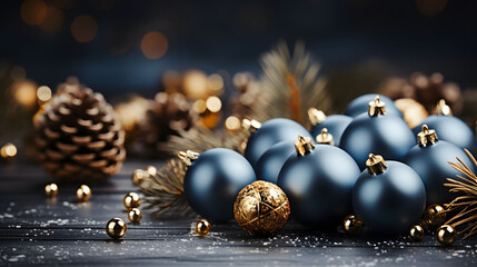 Christmas background with blue baubles, pine cones and bokeh. Beautiful christmas card.	 Christmas...