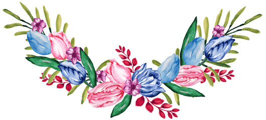 Tulip Flower Bouquet Wreath label border banner watercolor illustation isolated elements
