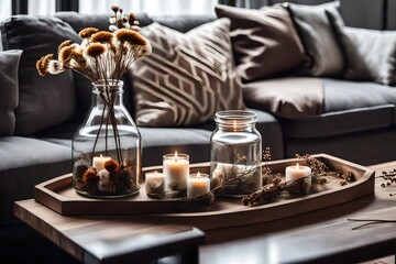 Fototapeta na wymiar Home interior decor in gray and brown colors: glass jar with dried flowers, vase and candle on the wooden tray on the coffee table over sofa with cushions