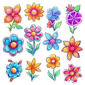 set of cartoon cute flowers sticker watercolor