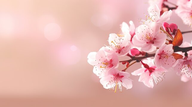  a close up of a branch of a cherry tree with pink flowers.  generative ai