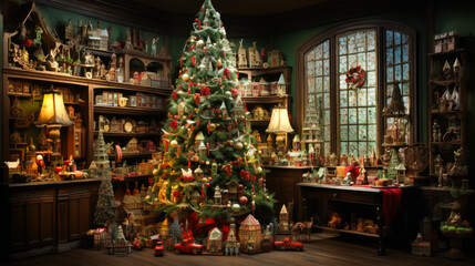 Obraz na płótnie Canvas Cozy Christmas Home: Festive Fireplace and Illuminated Tree generated by AI